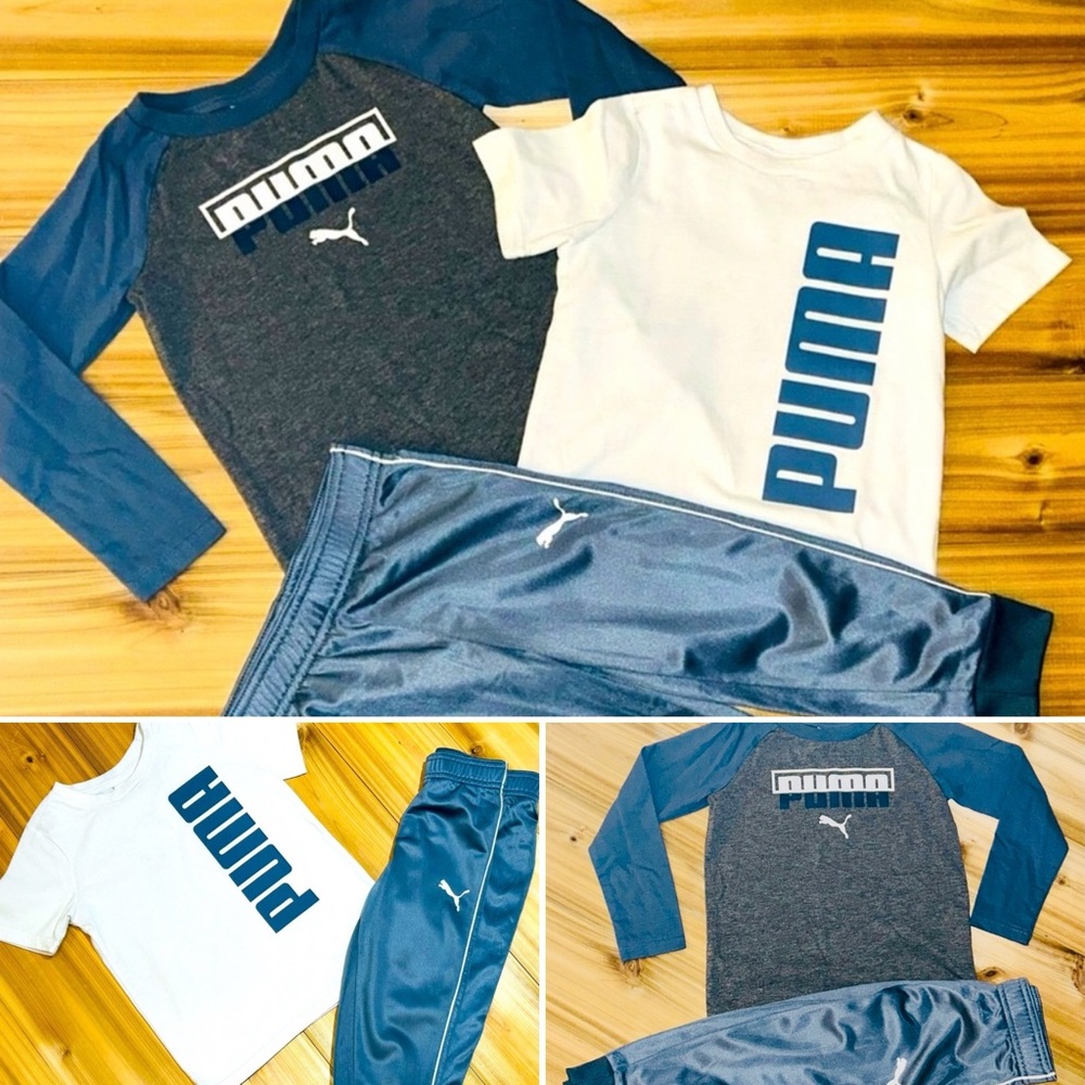 PUMA Kids Boy 3Pc Set Brand Logo Shirts And Pants, Blue/Grey Size 4T Kids